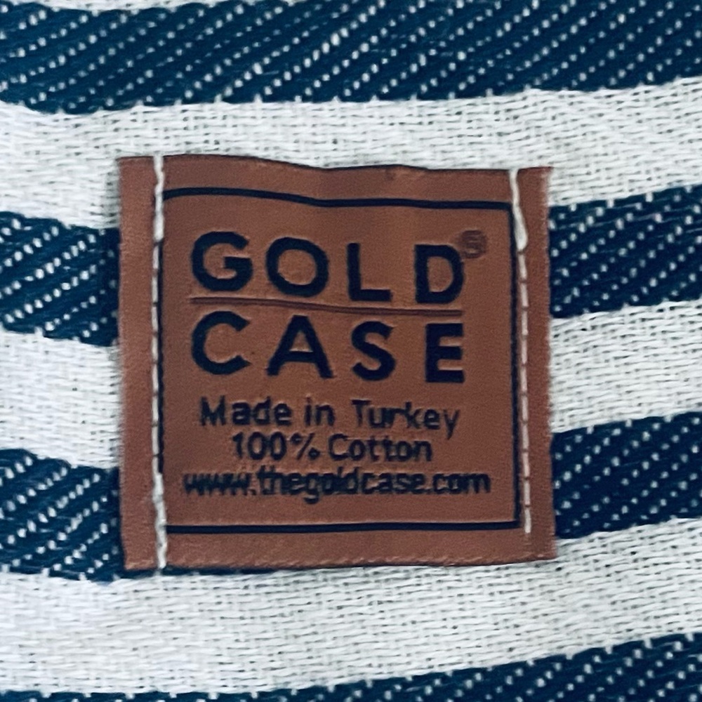 Gold Case Blue and White Stripe Turkish fringe Cotton Peshtamel Towel Wrap - Picture 14 of 16